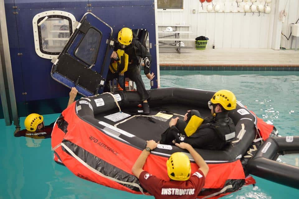 SMS now offers globally recognized, OPITO-approved training courses. Here, students learn survival techniques for emergency helicopter evacuations.